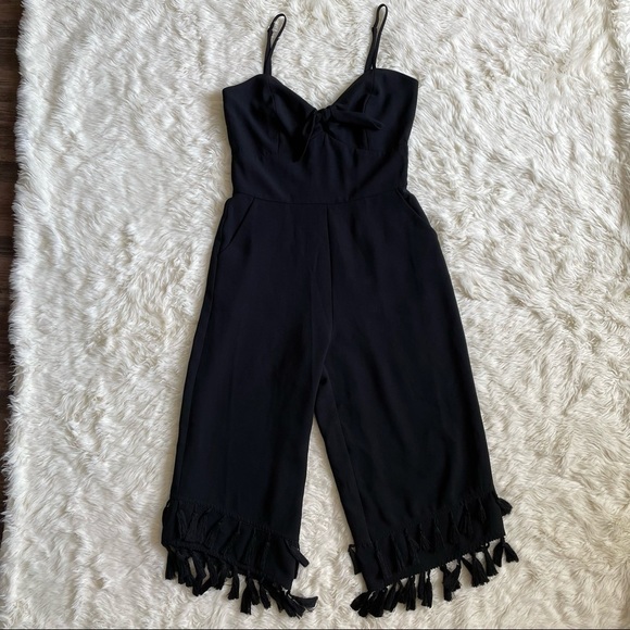 Adelyn Rae Jumpsuit Cropped Tie-Front Tassel Fringe Hem Classic Black S - Picture 3 of 14